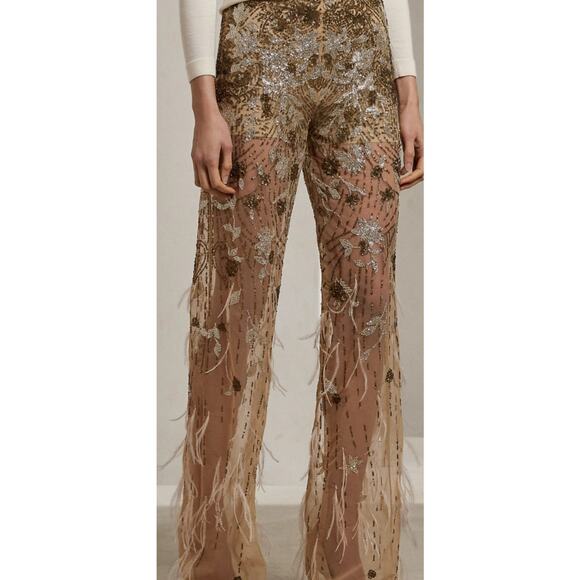 Ralph Lauren Purple Label Pants - Ralph Lauren Purple Label Sheer Pants Sequin Feathers High Rise Womens XL